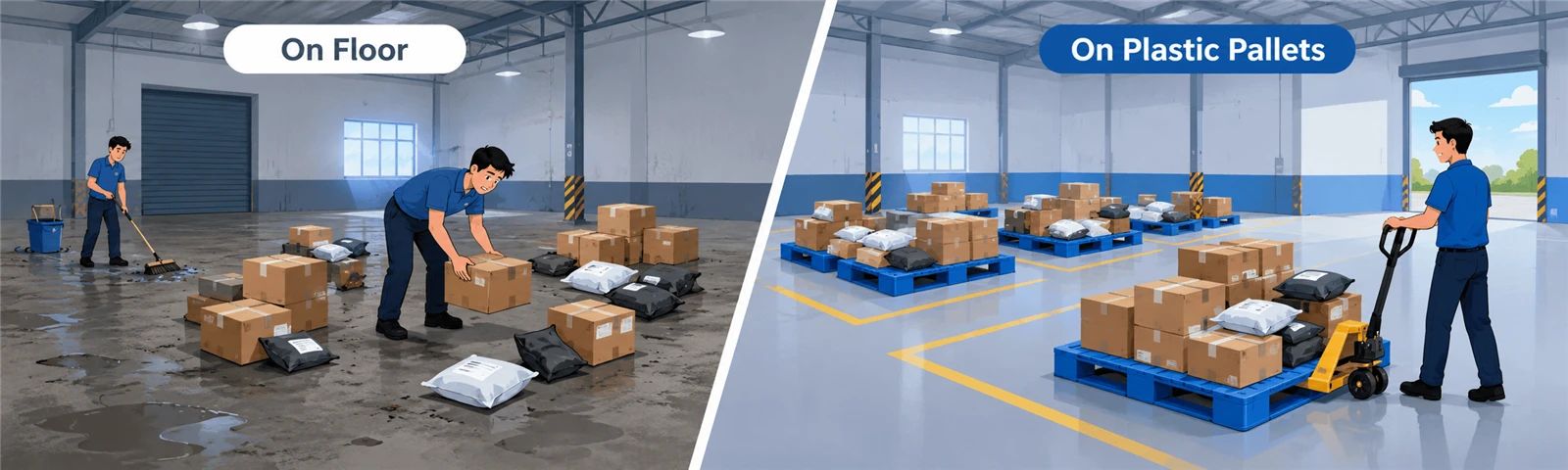 Parcels on Floor vs Plastic Pallets Parcels on Floor vs Plastic Pallets