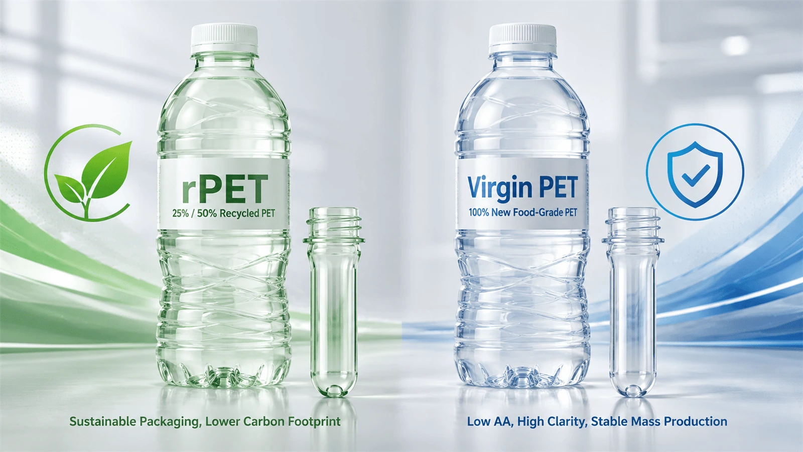 rPET vs Virgin PET: How to Choose the Right PET Preform rPET vs Virgin PET: How to Choose the Right PET Preform