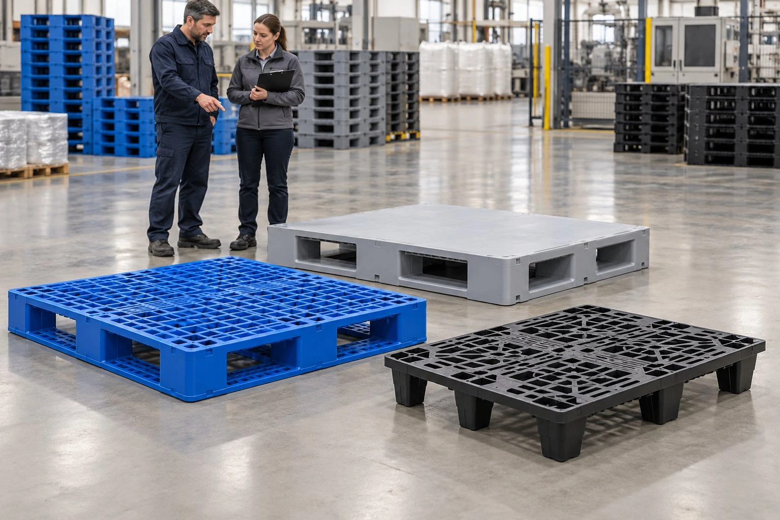Blue grid-deck, gray solid-deck, and black nestable plastic pallets displayed for comparison Blue grid-deck, gray solid-deck, and black nestable plastic pallets displayed for comparison