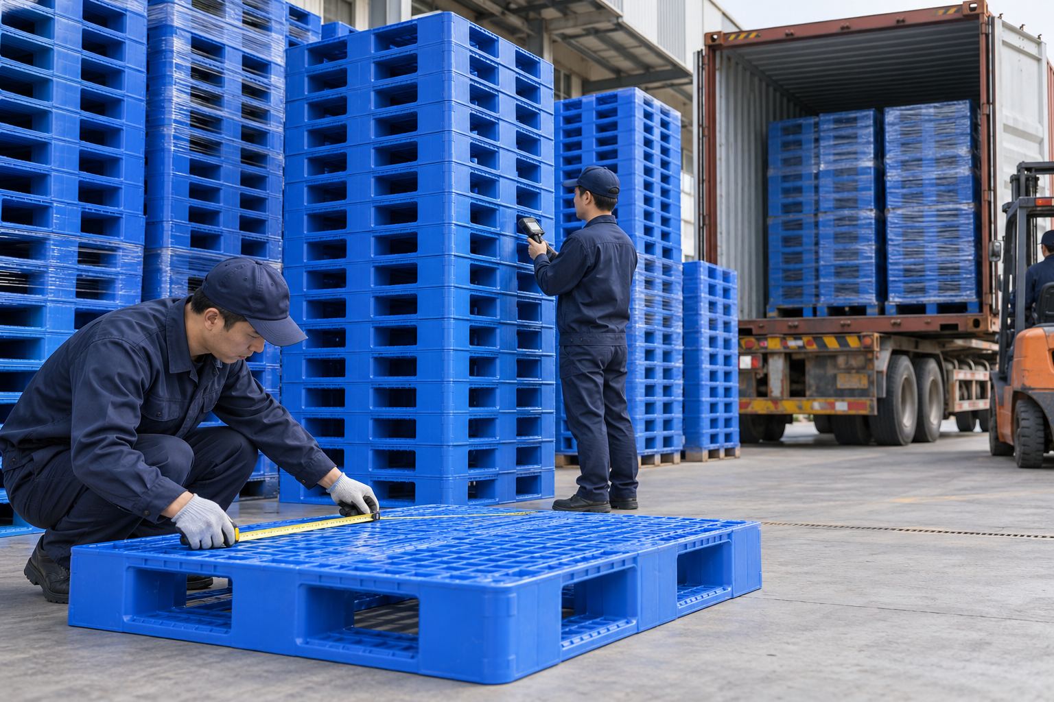 Workers inspecting plastic pallet dimensions and checking bulk orders before shipment Workers inspecting plastic pallet dimensions and checking bulk orders before shipment