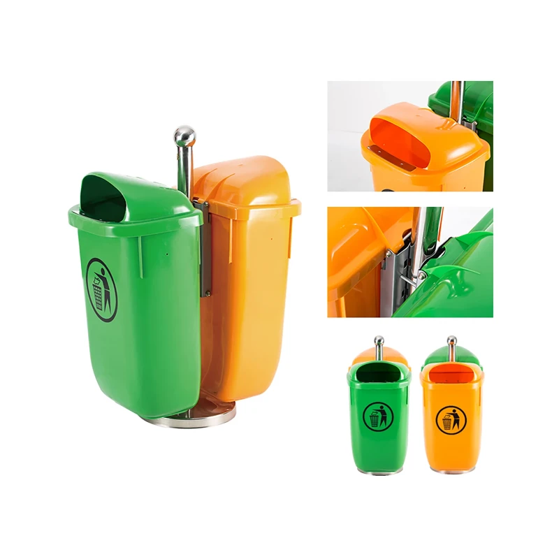 plastic-twin-pole-mounted-garbage-can-green-orange plastic-twin-pole-mounted-garbage-can-green-orange